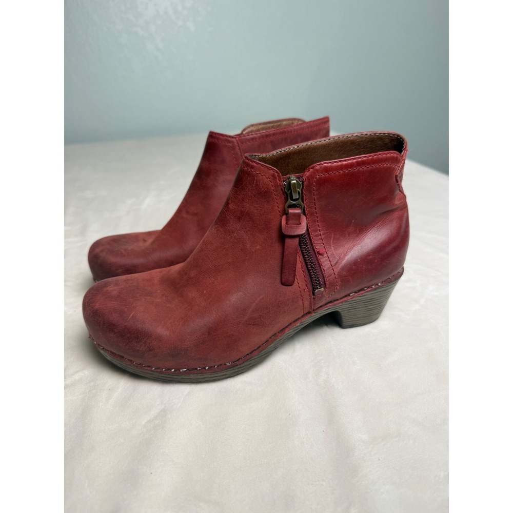 Dansko Red Leather Ankle Boots Side Zip Clog Booties Women 36 5.5-6